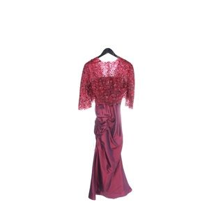 Montage Collection Long Burgandy Satin Gown with embroidered Matching Bolero 6